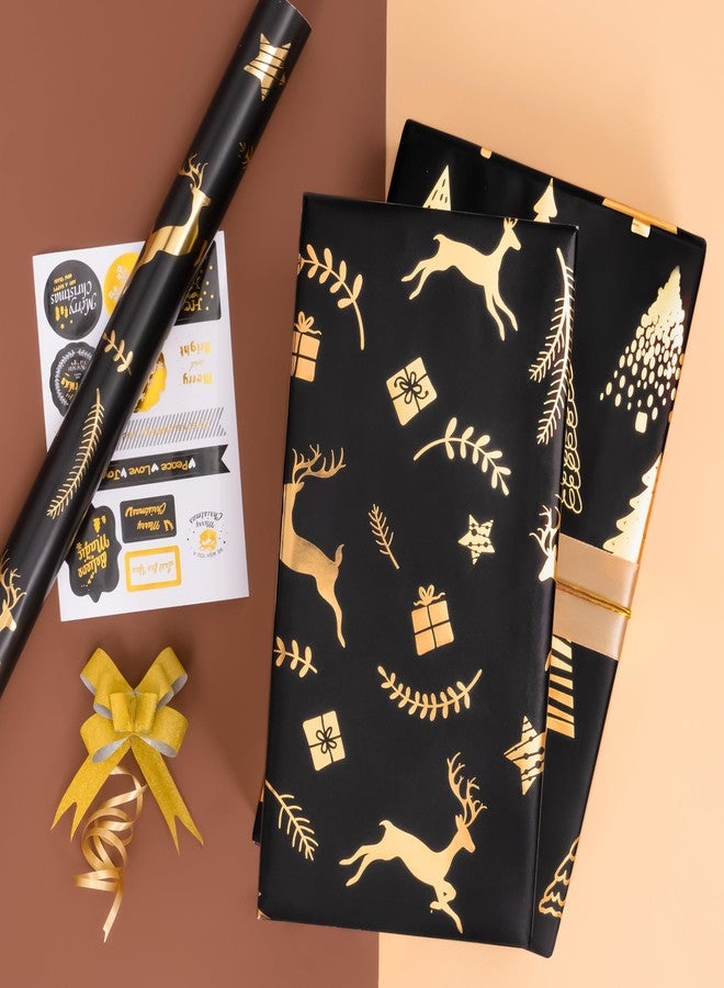 Toptime Christmas Wrapping Paper Roll, 17In x120In Black Gold Gift Wrapping Paper with Gift Bows Stickers, Metallic Foil Wrapping Paper w/Snowflake Christmas Tree Reindeer Design for Holiday New Year - Image 5